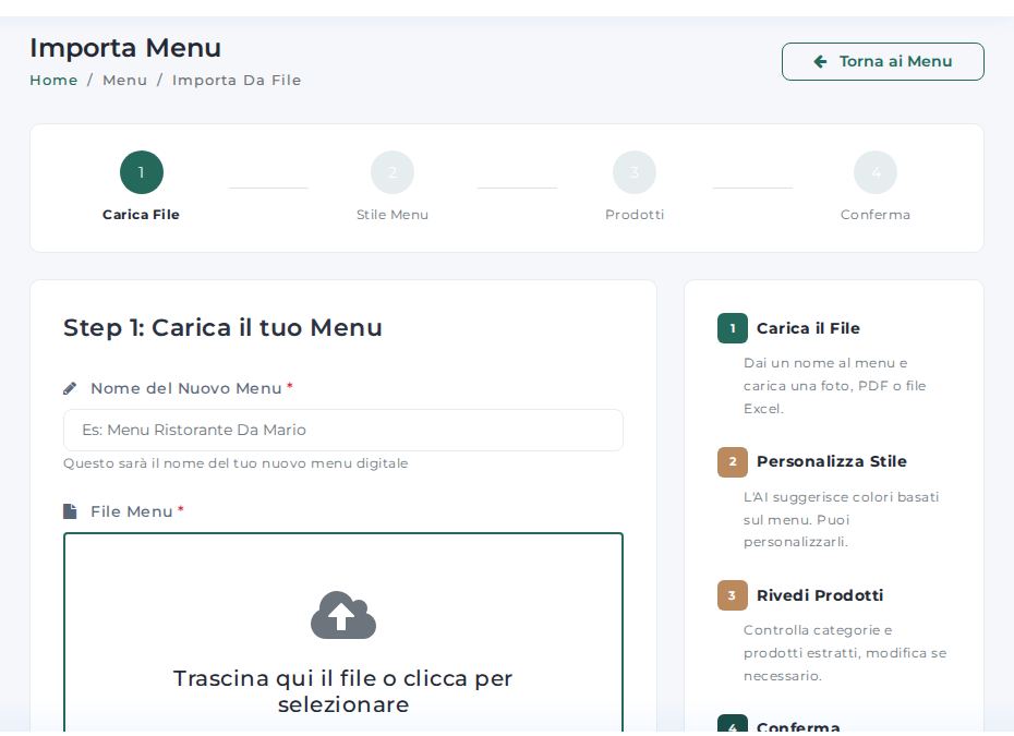 Schermata di Importa menu con AI nel pannello Platevo